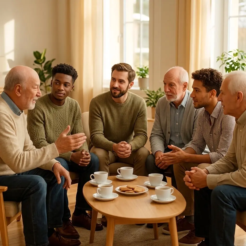 A small group of older men seated in a circle in a bright community room, talking warmly over cups of tea