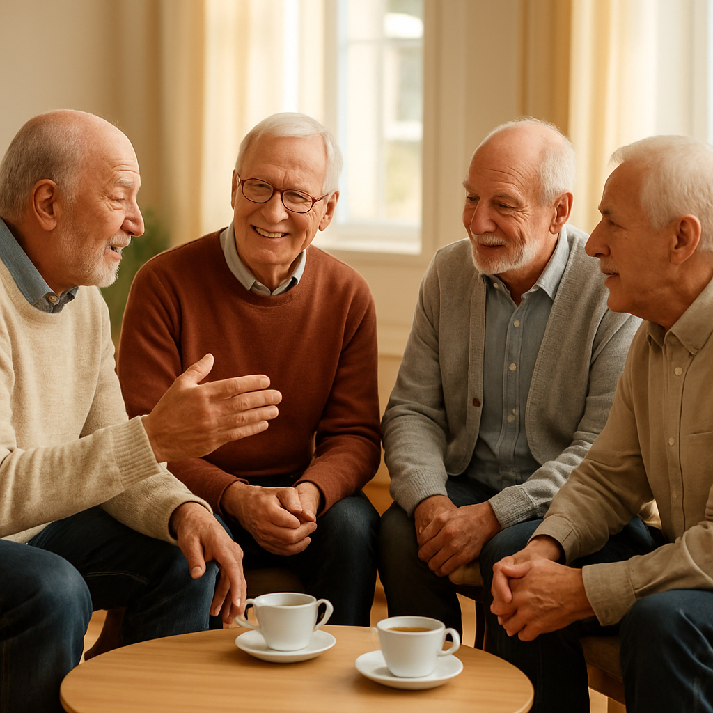 A small group of older men seated in a circle in a bright community room, talking warmly over cups of tea