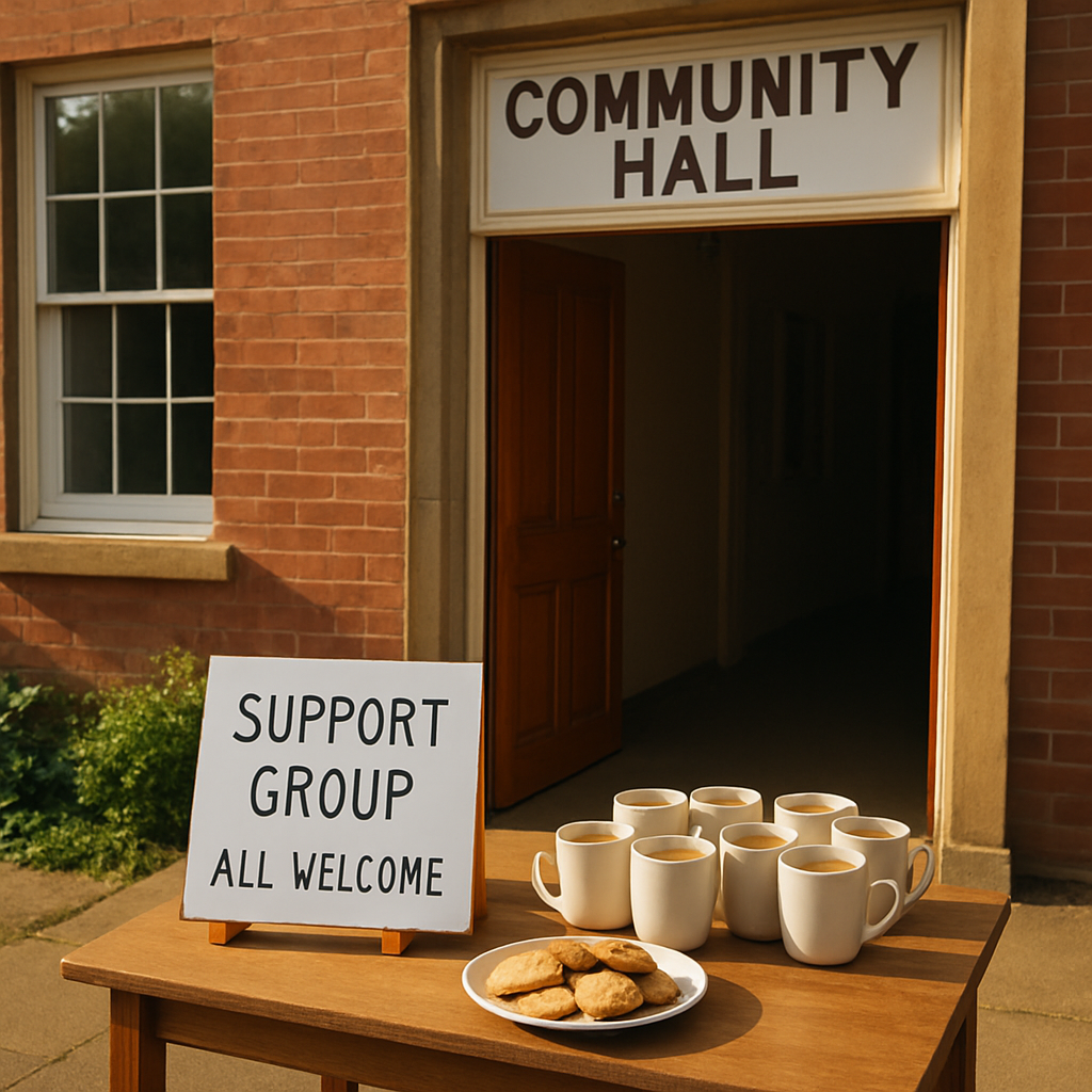 A welcoming community hall entrance with a support group sign and a tray of tea and biscuits